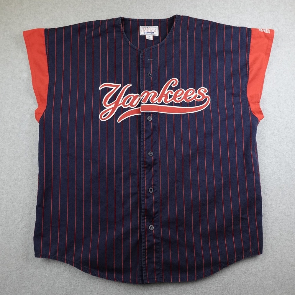 Vintage Starter New York Yankees Baseball Jersey Pinstripe Blue Red Men's 2XL